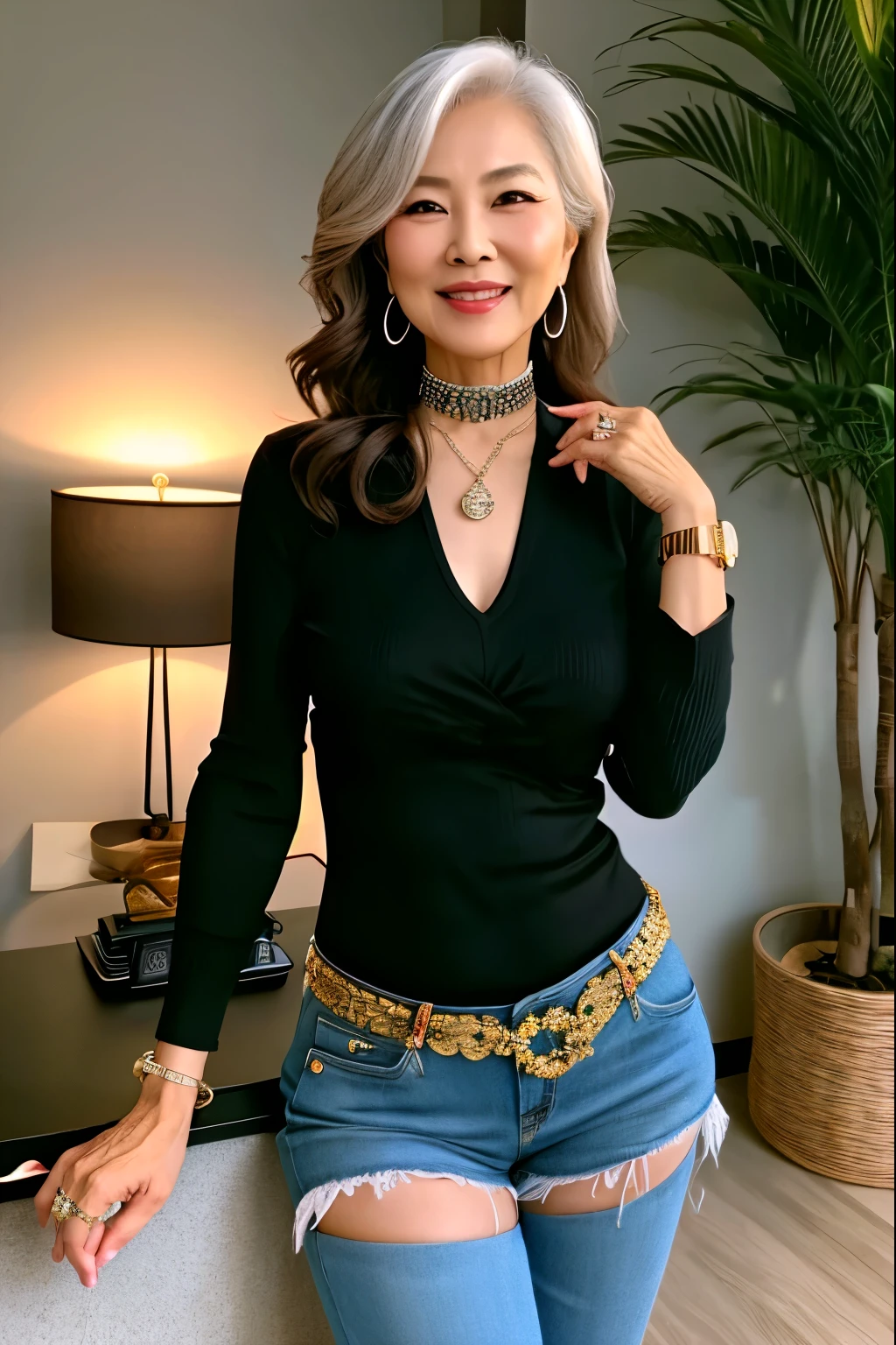 ７７ years old　Mom　MILF　Chinese Lady　large earring　Big choker　navel piercing decoration　A bracelet　realisitic　Gorgeous Madame Beautiful Mature Woman　sexy　Smile　Gentle woman navel piercing　４K　High quality　デニムショートパンツ