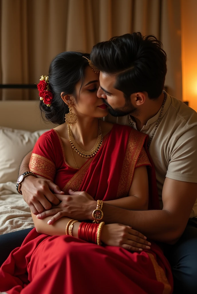 Make a 3d real image where a hindu women wearing red saree red blouse red lipistick golden jhumka in ears and golden bangales in hand gold manga sutra in neck and other orna ments sindoor on forehead she is in bedromm a guy who is husband of her he iss kissing and pressing her boobs on bed