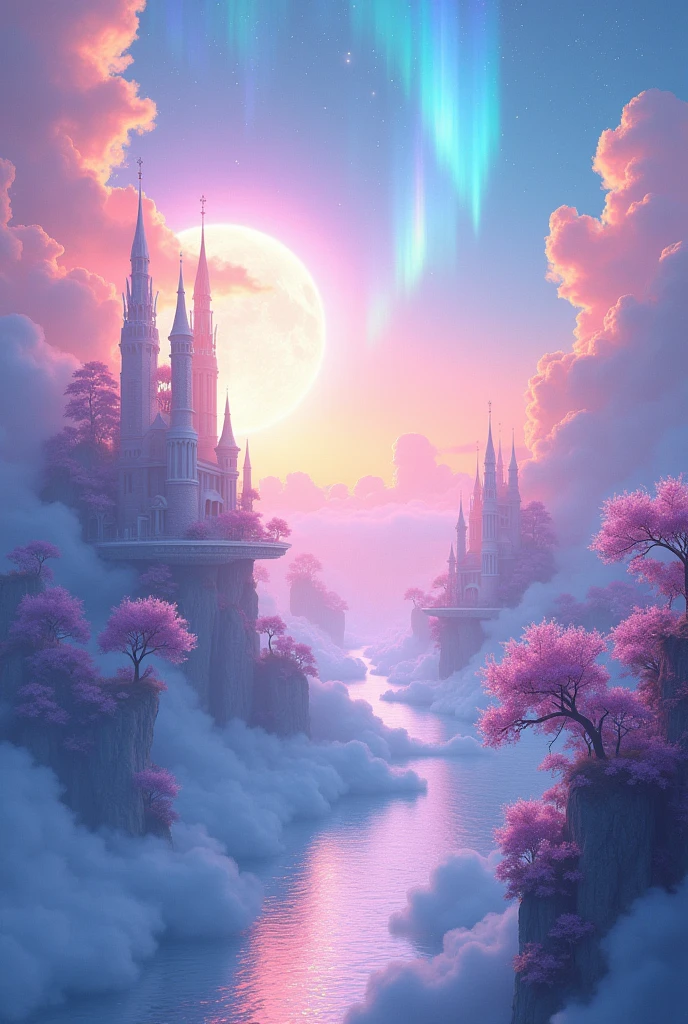 Celestia, a breathtaking country floating majestically above the clouds, bathed in an eternal twilight glow. The landscape is a tapestry of pastel hues—soft blues, purples, and pinks—gently blending into one another as if painted by an unseen artist's brush. The cityscape, a fusion of ethereal architecture and floating isles, is adorned with shimmering spires that pierce the heavens, their tips kissing the stars. Translucent bridges of light connect these floating landmasses, allowing the inhabitants—beings of radiant energy—to traverse the skies with ease. Below the city, a serene ocean of clouds stretches out like a blanket, reflecting the vibrant colors of the structures above. The sky itself is a canvas of swirling auroras, casting a warm, otherworldly light across the scene. Giant, crystalline trees, with leaves of pure light, line the edges of the floating isles, their branches reaching out to embrace the heavens. In the distance, a colossal, glowing moon looms, casting its soft luminescence upon the land. The overall atmosphere is one of tranquility and wonder, inviting the viewer to imagine a world where the very essence of dreams has taken physical form.