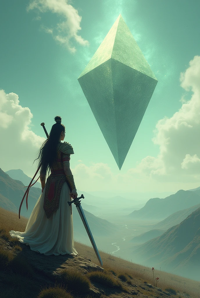 Kalki warrior seeing a triangle shaped City at sky 