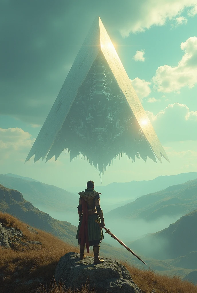 Kalki warrior seeing a triangle shaped City at sky 
