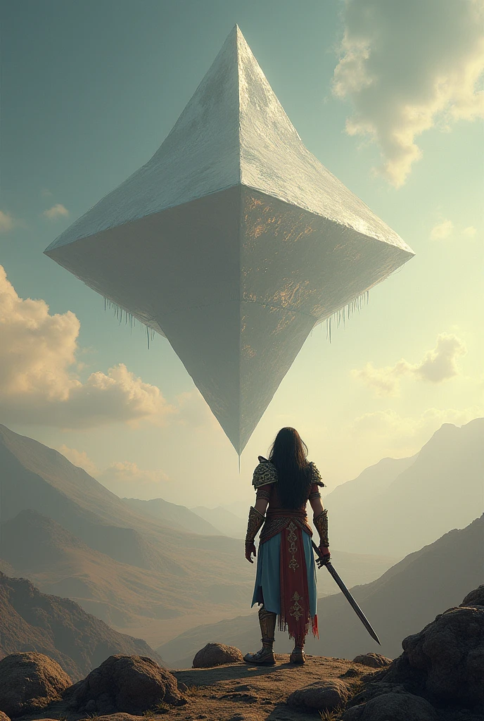 Kalki warrior seeing a triangle shaped City at sky 