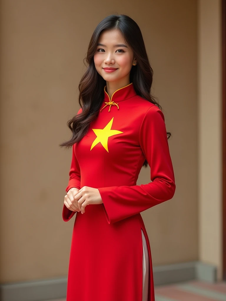 This image depicts a young woman wearing the traditional Vietnamese ao dai. Her ao dai is red, with the Vietnamese flag printed on the front, the symbol of a yellow star in the middle of the red background. She stands with a proud, dignified look, showing her love for her homeland. The ao dai enhances the graceful beauty of Vietnamese women. This image could be set against the backdrop of a national holiday, with a simple background to highlight the costume and the main character.