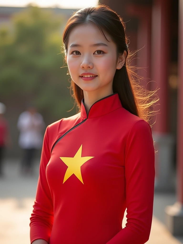 This image depicts a young woman wearing the traditional Vietnamese ao dai. Her ao dai is red, with the Vietnamese flag printed on the front, the symbol of a yellow star in the middle of the red background. She stands with a proud, dignified look, showing her love for her homeland. The ao dai enhances the graceful beauty of Vietnamese women. This image could be set against the backdrop of a national holiday, with a simple background to highlight the costume and the main character.