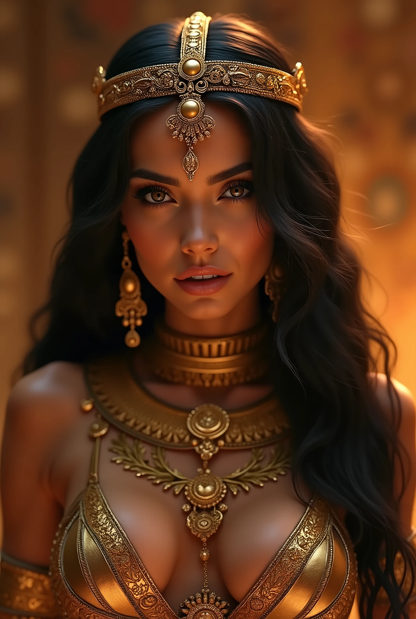 (princess of Egypt,intricate details,intricate gold jewelry,athletic and fit body,perfect hands,detailed hands,perfect eyes,detailed eyes,flirty,sexy,realistic,HDR,UHD,dynamic,portrait,photorealistic,rich and vibrant colors,soft lighting)
