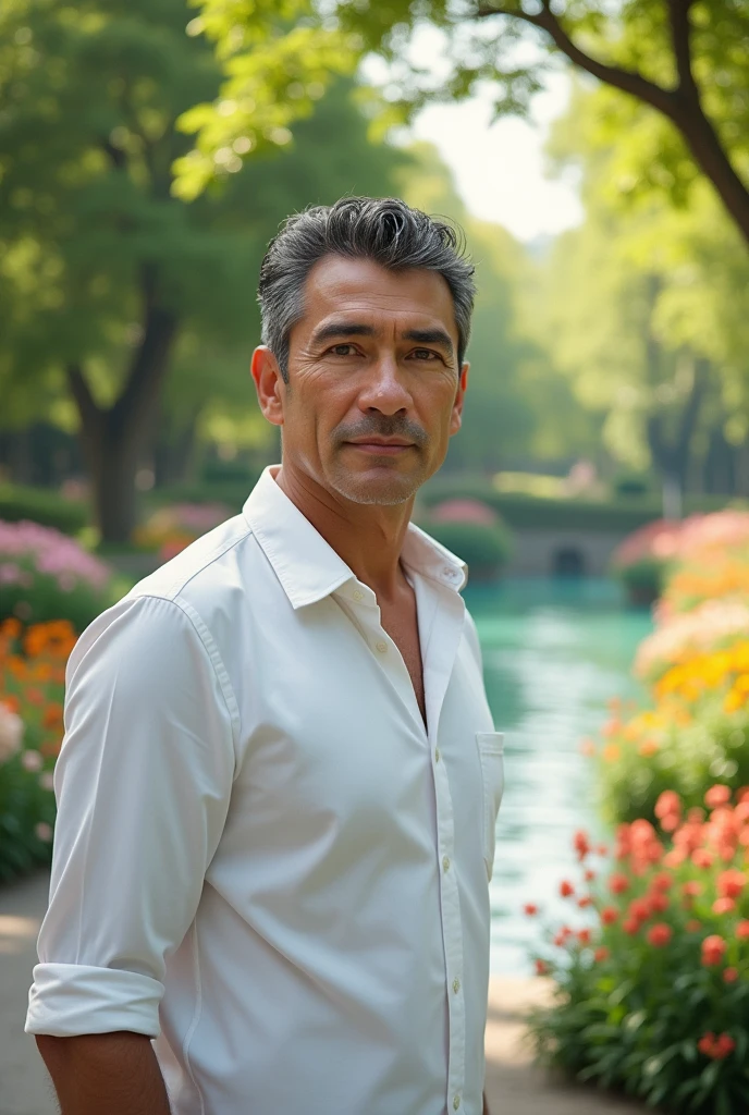 Hyper realistic man wearing a pristine white shirt, standing in a breathtaking garden filled with vibrant flowers and a tranquil river. The man's facial features are intricately detailed, showcasing every wrinkle and pore. His eyes are bright and full of life, giving off an air of calmness and serenity. The garden setting is equally captivating, with the sun casting dappled light through the leaves of the trees and the gentle sound of water flowing from the nearby river. The overall image is rich in detail and texture, inviting the viewer to step into the scene and explore further. 

High resolution, hyper realistic portrait, man wearing white shirt, beautiful garden