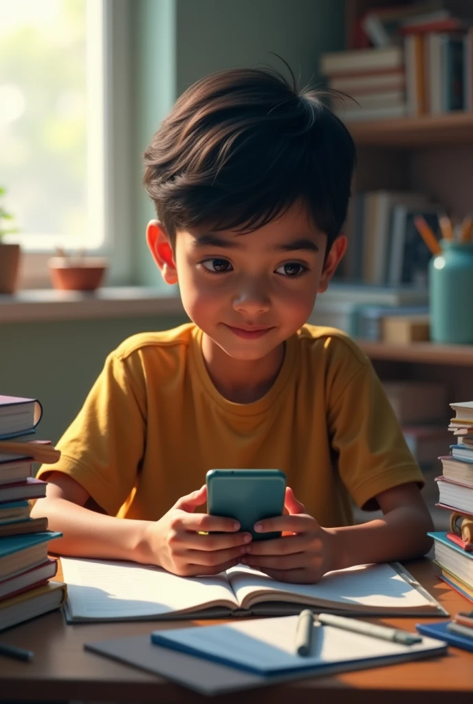 A 1 Bangladeshi boy sitting at a study desk, holding a mobile phone horizontally in his hand. He is looking at the phone screen with a slight smile on his face, indicating both focus and enjoyment. The desk is cluttered with study materials such as textbooks and notebooks. The setting has a realistic, everyday feel with natural lighting illuminating the scene. The boy is dressed in casual clothing, and the image should have a lifelike quality, making it appear like a real photograph.
