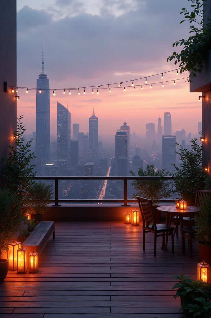 City Rooftop at Dusk: A rooftop terrace with string lights and a view of the city skyline at dusk. Soft colors in the sky and the distant hum of city life create a calming atmosphere.