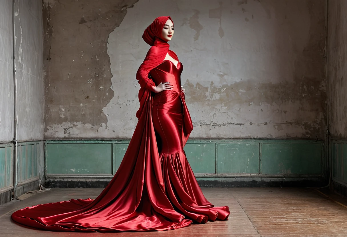 A woman shrouded in a 10-meter-long, plush red satin cloth, tightly bound and grandly draping along the form of her body, wear corset ,ballon sleeves, flowing off into a pooled floor-length train, styled in a mermaid-inspired outfit, her head modestly veiled in a satin hijab, tall woman, walking in photo studio, a full-body pose posing in front of people, captured in a 4k resolution, ultra-realistic