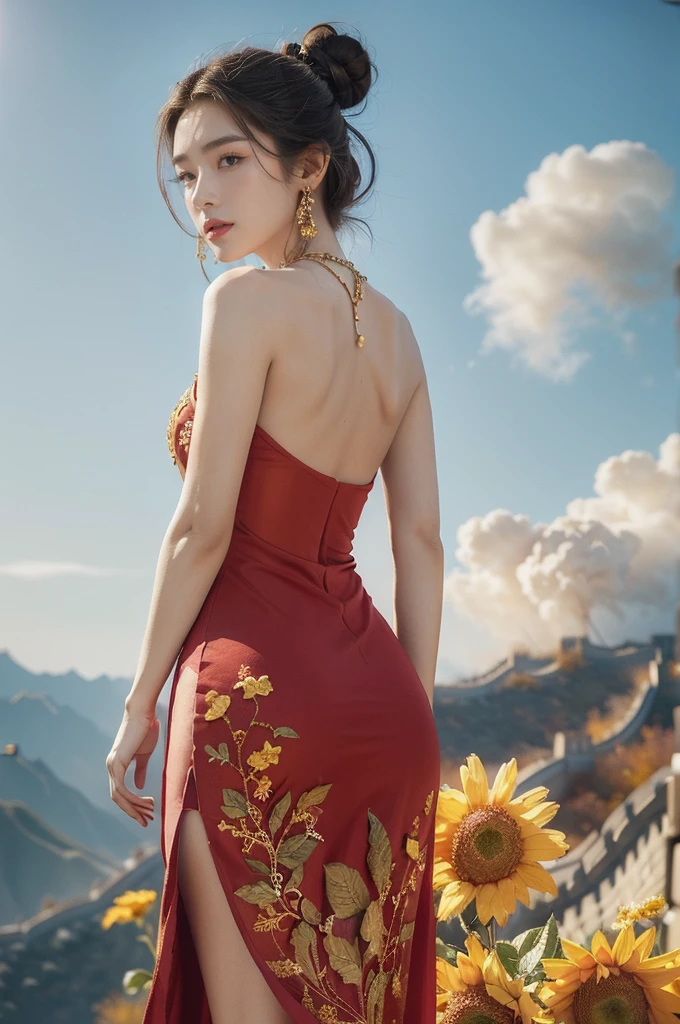 (((best quality))), (((ultra detailed))), (((masterpiece))), illustration,((1 beautiful girl,solo)),(on the Great Wall:1.3),(neat bun:1.2),((earrings,necklace)),((slim,thin)),((bare back,towering hips,butt crack)),((October, sunny, autumn,bright sunshine)), magnificent mountains,(maxi gorgeous Exquisite embroideried red dress:1.3),(stockings:1.3),(standing:1.3),gracefully,(detailed bright eyes:1.3),(fair skin:1.3), radiant,sparkling, vibrant colors,(colorful flowers:1.3), elegance, strength, perseverance, majestic, awe-inspiring, fluffy white clouds,((from back,upper body))