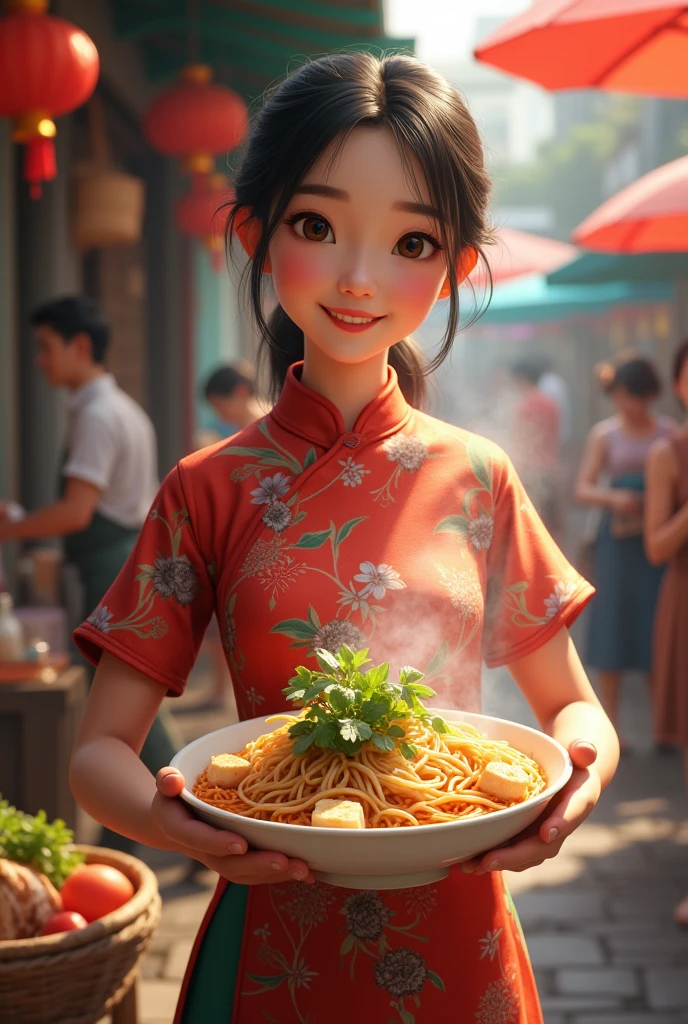 Vietnamese girl serves Bun with tofu and shrimp paste