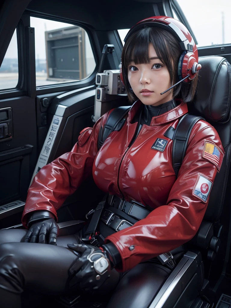 masterpiece, Highest quality, Very detailed, Japanese Android girl, Beautiful Japanese Women, Plump,Extremely large breasts,Control panel,Android,cyborg,Blunt bangs,Sitting in the cockpit and piloting,The control stick is in the center of the seat.,Red pilot suit,Secured to the seat with a harness,Full-face helmet,