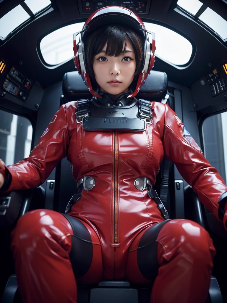 masterpiece, Highest quality, Very detailed, Japanese Android girl, Beautiful Japanese Women, Plump,Extremely large breasts,Control panel,Android,cyborg,Blunt bangs,Sitting in the cockpit and piloting,The control stick is in the center of the seat.,Red pilot suit,Secured to the seat with a harness,Full-face helmet,