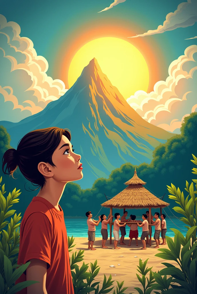 Create an artwork that features a traditional "bilao" setting with a focus on Filipino culture and community. On the left side, depict a girl gazing toward a radiant sun, symbolizing hope and future aspirations. In the middle, illustrate a group of people lifting a "bahay kubo" together, highlighting the spirit of unity and cooperation. In the foreground, place two men actively pulling a fish net, representing the hardworking nature of the community. The background should feature a majestic mountain, adding depth and a connection to nature. The overall composition should blend these elements harmoniously, celebrating both tradition and collective effort.