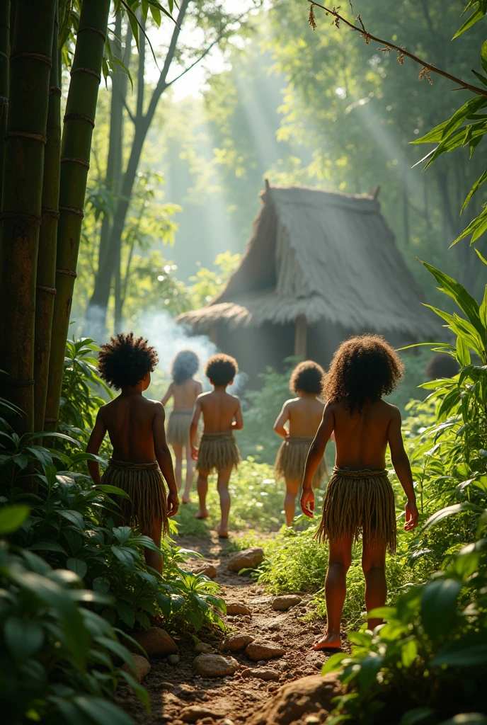 Photorealism 1.3 realistic realism high detailed high definition clear natives kids curly hairplay around hide and seek in the jungle covered wearing tree skin as a shirt with leaf dramatic cinematography cinematic view morning mode sunlight silhouette smoke effect bamboo hut leaf roof  campfire smoke only aborigines villages