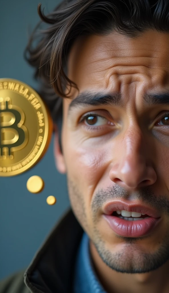 A close-up of the person speaking, with a slightly puzzled expression. A thought bubble or graphic icon of a Bitcoin symbol appears next to their head to illustrate the concept.