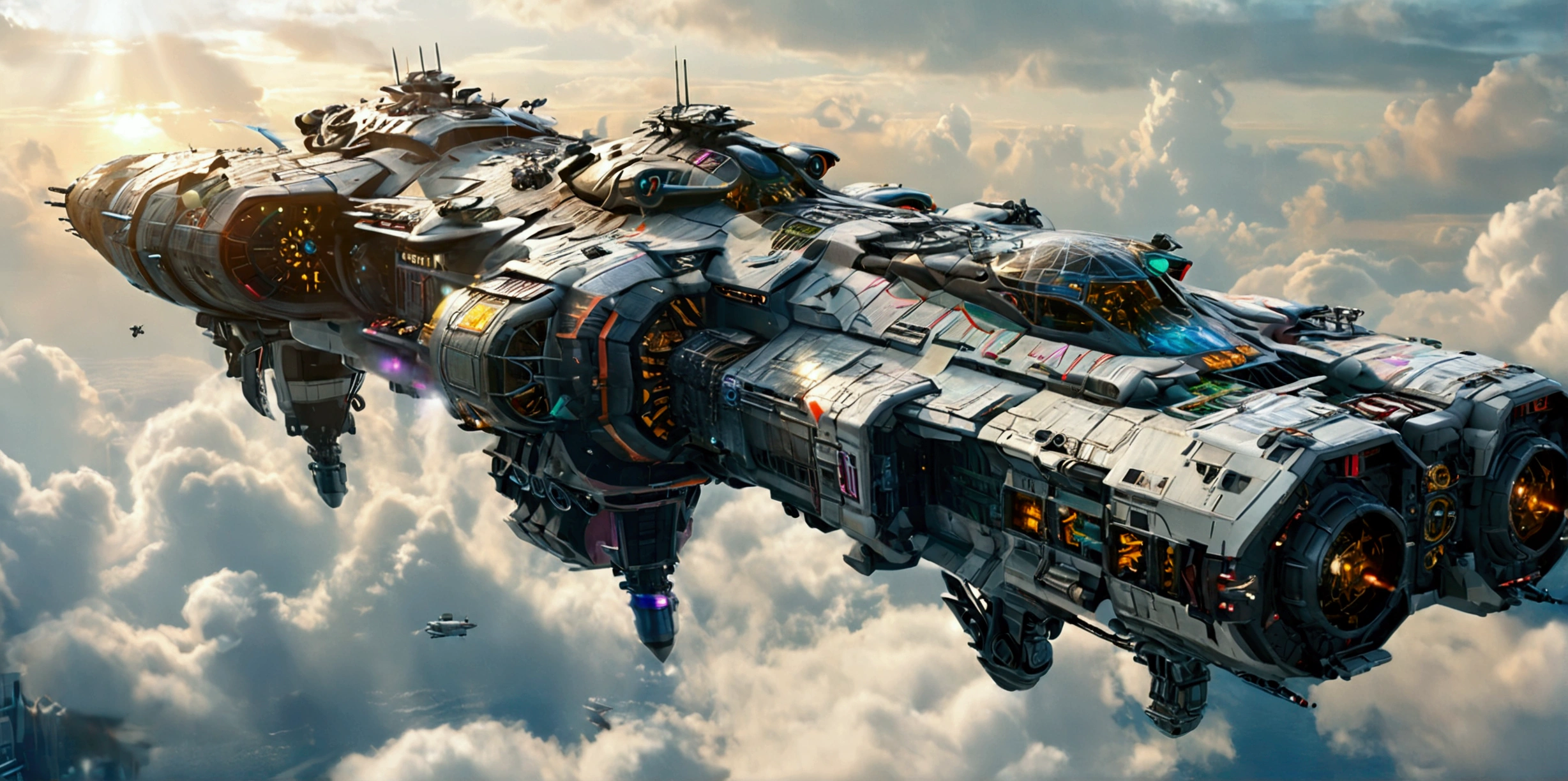 (best quality,ultra-detailed,realistic:1.37), A long wide giant heavily armored divine futuristic flying biomechanical space battleship covered in rainbow batik pattern and glowing javanese runic symbols, (multiple retractable cybernetic spider legs with wheels on the tips), divine halo, flying hovercraft, flying submarine, flying aircraft carrier, flying hotel, flying resort, flying city, flying skyscraper, flying cruise ship, flying yacht, flying castle, flying military base, multiple thrusters, multiple helipad, multiple propeller, mobile headquarters, mobile command center, automatic turrets, missile banks, missile defense system, multi-port rear engine arrays, large pivoted missile pods, anti-air batteries, reactive armour over vital spaces, VTOL thrusters, ventral ground-facing VTOL thruster bays, retractable center cannon, super carrier, sky carrier, space station, floating city, floating castle, white background