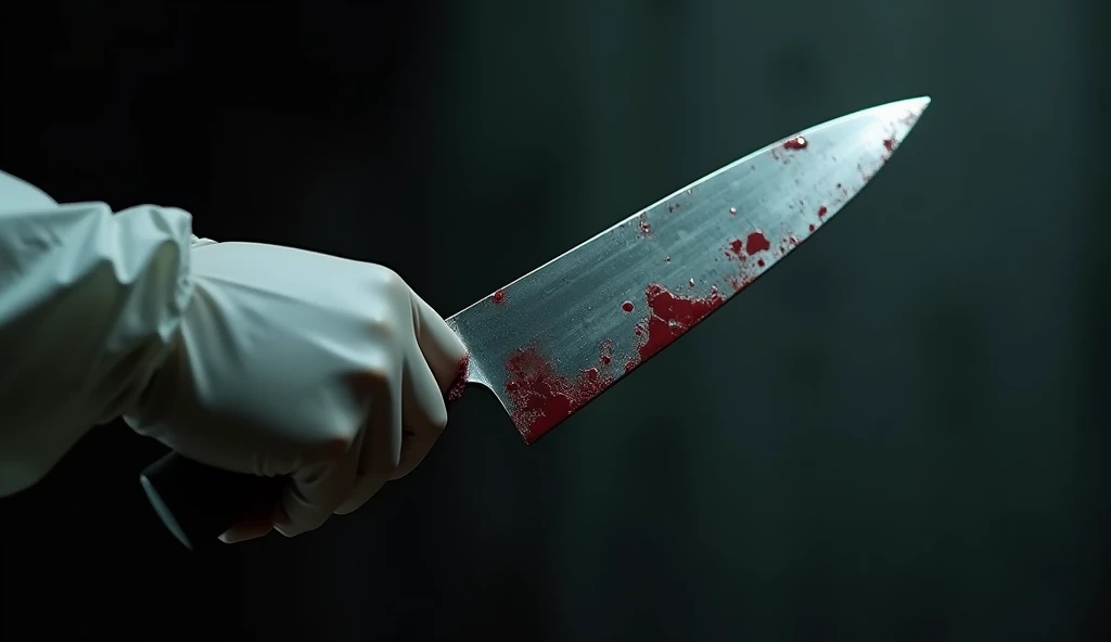 Realistic, cinematic, black background, extreme A close-up photo depicting a hand in white latex glove gripping a large bloody kitchen knife. The hand is positioned with a firm grip on the knife handle, emphasizing tension. The knife is sharp, with a gleaming blade reflecting the dark surroundings. There are are bloodstains on the knife and the glove. Bloody white glove and knife. The background is predominantly dark, with subtle gradients that enhance the focus on the hand and knife. The overall atmosphere is ominous, suggesting a sense of danger or impending action. The photo uses a minimalist color palette, with muted tones for the hand and knife, contrasting sharply with the dark background.
