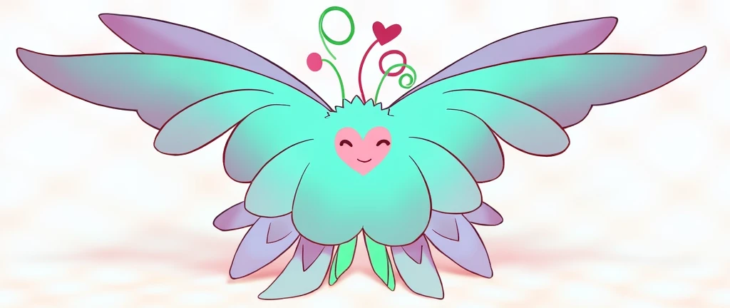 Color palette: Pastel pink, mint green, and lavender.
Wings: Geometric triangles with a gradient from pink to lavender.
Body: A soft pink with a small heart shape.
Antennae: Delicate, curly antennae in mint green.
Details: A tiny, smiling face in pink.