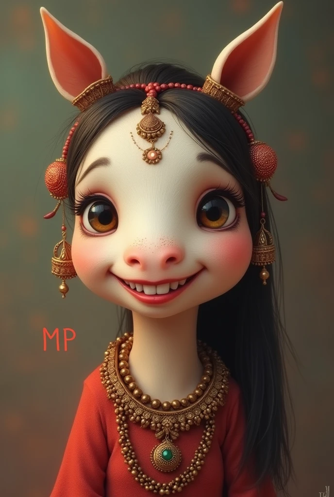 Rajasthani horse round face, white teeth, slight smile, small bindi on forehead, earrings in ears, redness on lips, waithout clothes, big breasts, innocence like a cow, MP word on hand