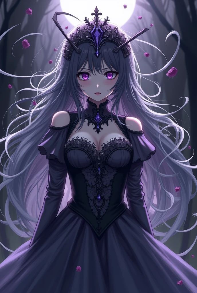 (The image frame is the Queen of Spades),Draws an image of an aristocratic woman with curly or wavy hair, Alabaster skin and brown eyes that exude a brutal aura.. Your hair, meticulously arranged, They are black as night、She wears a sinister tiara studded with dark jewels.. She is wearing a beautiful dress, Mainly black, but、Red and purple details suggest a leaning towards the dark side. She holds a scepter decorated with evil symbols.、He is gazing at me with a slightly mischievous smile.。. The setting is a dark castle with mysterious tapestries and gothic windows that let in only dim light.。, Increases the aura of malevolent royalty