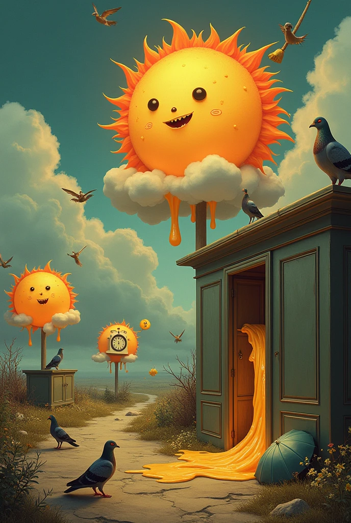 Surreal Scene, clocks melted like cheese, pigeons fly out of cloud closets, bat umbrellas and sewing machines, suns with faces spread flat on the ground, Surreal World,