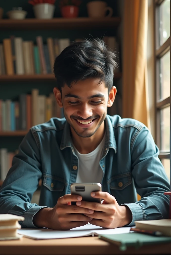 A 20-year-old Bangladeshi boy sitting at a study desk, holding a mobile phone horizontally in his hand. He is looking at the phone screen with a slight smile on his face, indicating both focus and enjoyment. The desk is cluttered with study materials such as textbooks and notebooks. The setting has a realistic, everyday feel with natural lighting illuminating the scene. The boy is dressed in casual clothing, and the image should have a lifelike quality, making it appear like a real photograph.