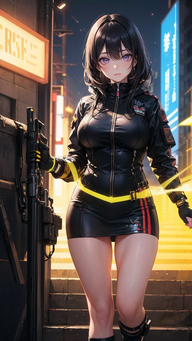 (1girl in)、(Plump beauty)、(Black hair)、(30-years old)、(Top image quality)、(8K picture quality)、(cyberpunked)、(masutepiece)、 (Flickering of light)、(Wear a cyberpunk military uniform)、cinematric light, Cinema Shadow, Sharp Image, Extremely detailed, Volumetric, Bright sprites, particles effect, beautiful effects, Vivid colors, neons, Neon light, Highly detailed image textures, detailed hairs, Detailed eyes,  city、Dark hair、Eyes glow、(Yellow aura emanating from clothes:1.5)、Photo from the knee up、