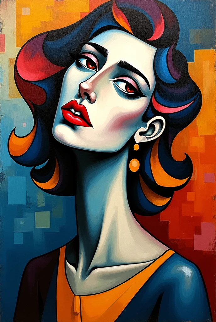 "A striking, abstract portrait of a woman in the style of Picasso. The face is fragmented into angular, overlapping shapes with exaggerated features—one eye large and almond-shaped, the other small and round, set at different angles. The nose is a sharp line running across multiple planes, and the mouth is asymmetrical with vivid red lips. Her hair is depicted as a series of geometric patterns in bold colors—deep blues, bright yellows, and rich purples. Her body is distorted and elongated, with mismatched proportions and a blend of soft curves and sharp angles. The background is a chaotic yet harmonious mix of vibrant colors and abstract forms, creating a dynamic, surreal atmosphere. The entire image conveys a sense of emotional depth and complexity, with the woman's expression shifting as the viewer changes perspective."