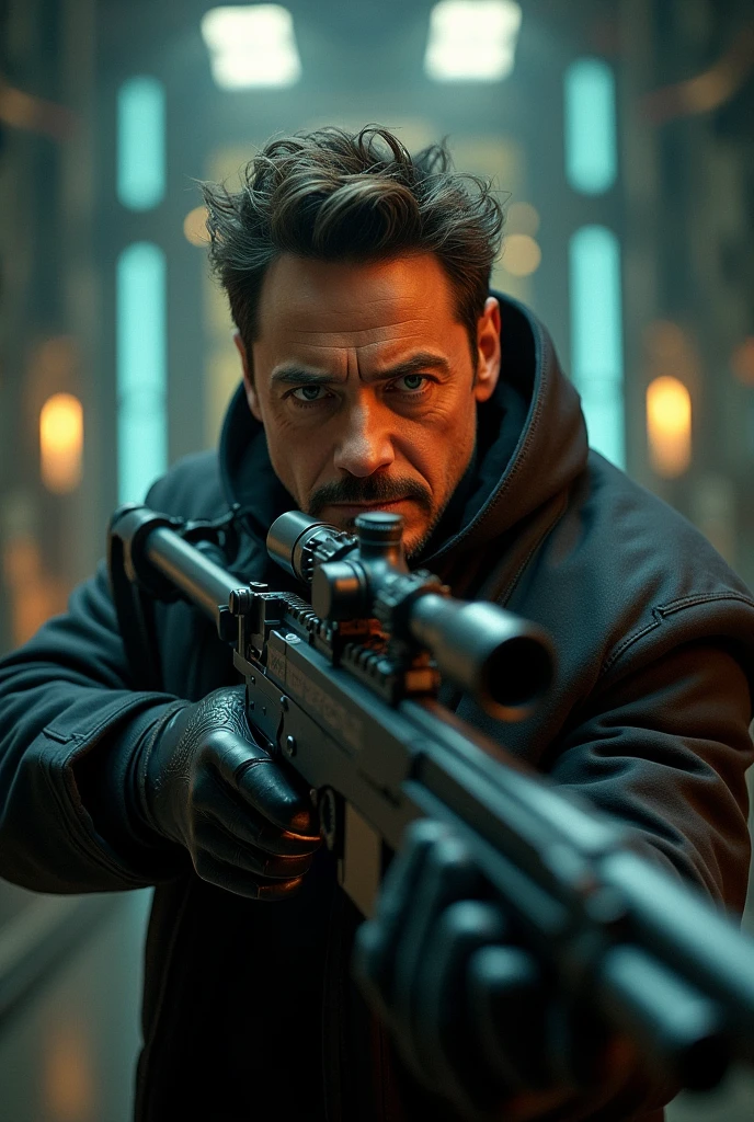 Robert Downey junior in hand sniper rifle in Dr. Doom 