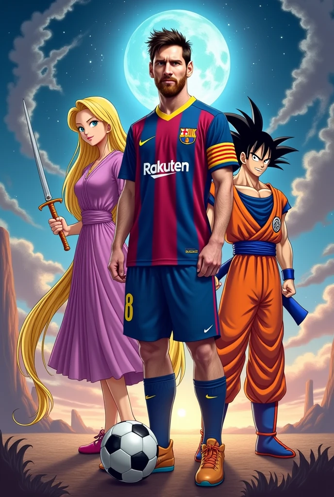 Create a wallpaper where Messi, Rapunzel, Zoro from One Piece and Goku appear