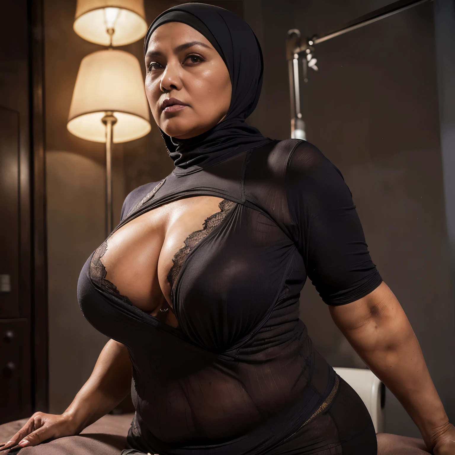 Age 55-Years-Old, Nerd Hijab Indonesian mature woman, (((Sugar Granny))), ((Gigantic Mature  : 1.3)), (((Tight T-shirt, Curvy body, Hourglass Body))),(((Detailed Mature Face, Detailed Anatomy))) (((at doctor Room, Dark light, at Nighttime))), (((After Sex Scene))), (((Thorn-Apart Clothes :1.2))), (((Breast Burst Out)))