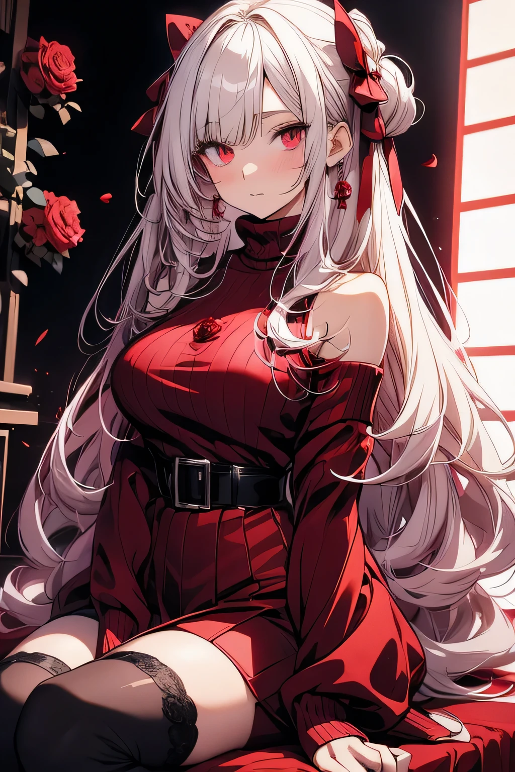 Beautiful anime woman with long white hair and blood red eyes. Wearing a wine red turtleneck sweater that shows her shoulders, tucked into a high waist short black skirt, and dark stockings with high heels. A rose and some red ribbons decorate her hair, tying some of it back. Sitting down and posing for the camera. Rose petals fall around her.