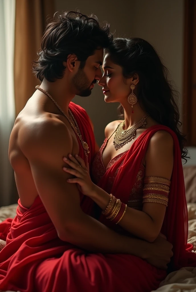 Make a 3d real image where a hindu women wearing red saree red blouse red lipistick golden jhumka in ears and golden bangales in hand gold manga sutra in neck and other orna ments sindoor on forehead she is in bedromm a guy who is husband of her he is pull her saree in hard way he is nude and body building men
