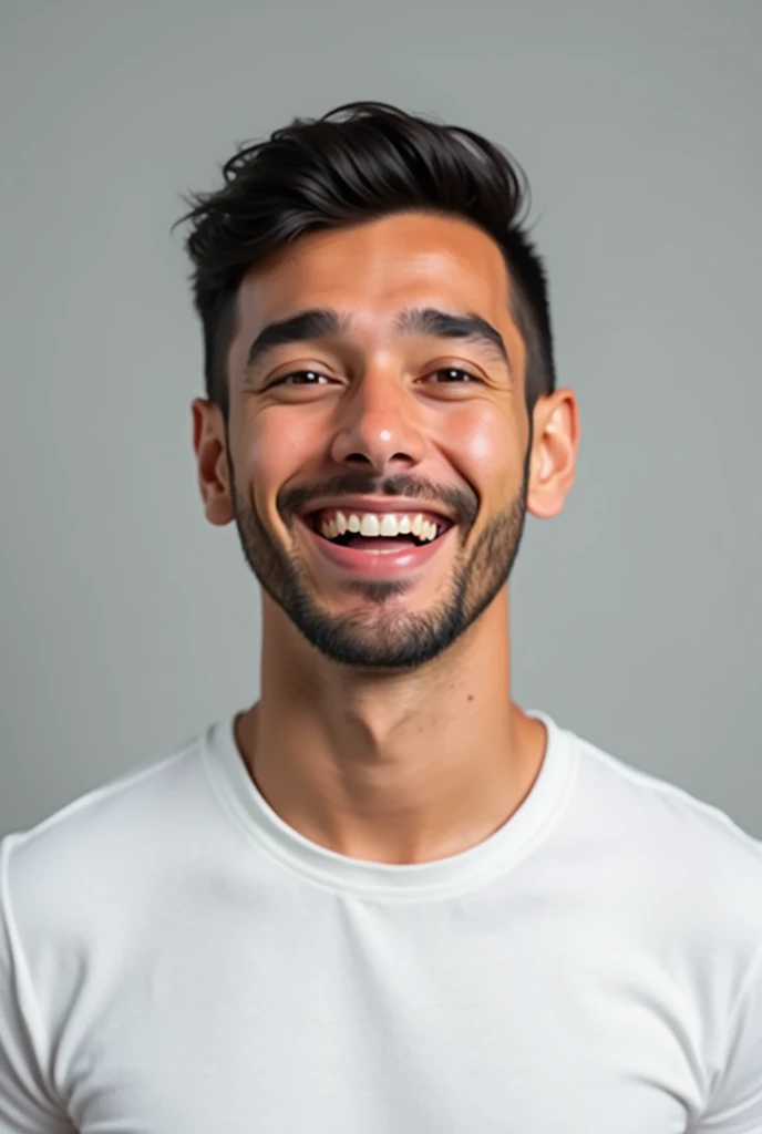 ((Hispanic)), (Mexican), (Photo: 1.3) from (Photorealism: 1.3), frontal Close-up, soft light, clear face, happy, cheerful, warm light, white t-shirt, (gray and white background), (blank background), (gray wall background) avatar, (short hair), smile, short hair, smiling, (Close-up), (Short hair), smiling, (Short hair).