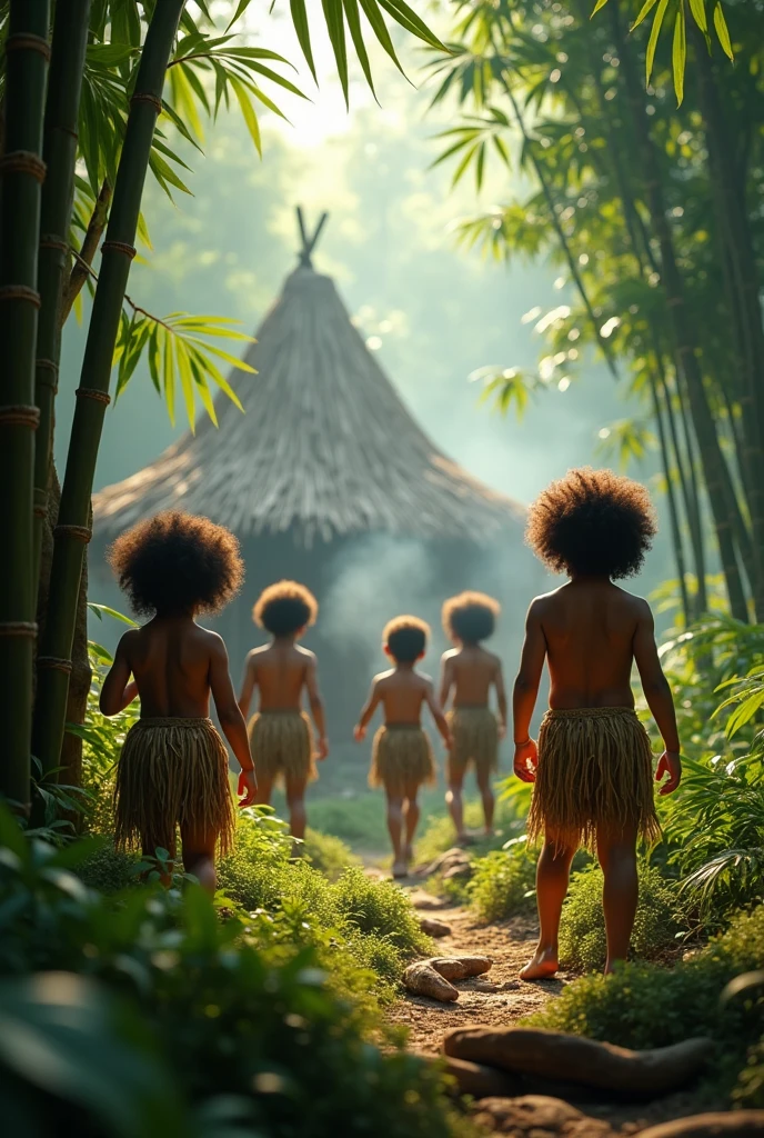 Photorealism 1.3 realistic realism high detailed high definition clear natives kids curly hairplay around hide and seek in the jungle covered wearing tree skin as a shirt with leaf dramatic cinematography cinematic view morning mode sunlight silhouette smoke effect bamboo hut leaf roof  campfire smoke only aborigines villages