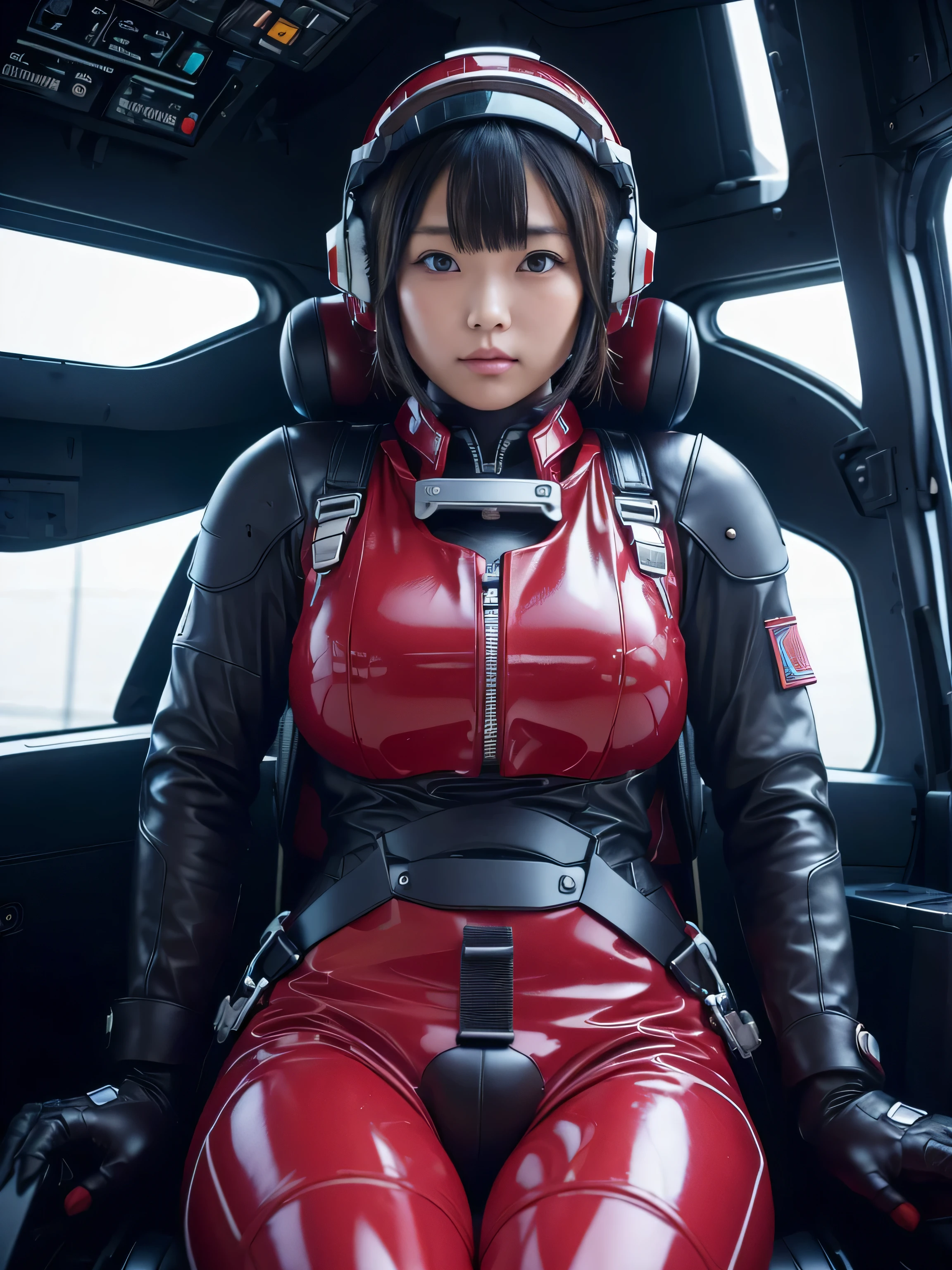 masterpiece, Highest quality, Very detailed, Japanese Android girl, Beautiful Japanese Women, Plump,Super huge breasts,Control panel,Android,cyborg,Blunt bangs,Sitting in the cockpit and piloting,The control stick is in the center of the seat.,Red pilot suit,Secured to the seat with a harness,Full-face helmet,