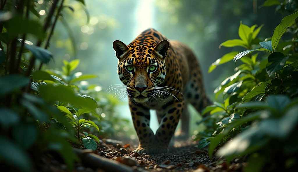 [Jaguar with green eyes stalking prey]::7 [detailed vegetation and waterfall in amazon rainforest background, cinematic shoot, ultrareal, morning light]::3 --ar 16:9 --s 400