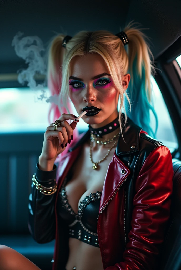 Masterpiece, close up portrait of harley quinn. Pink and blue makup around her eyes with glossy black lips. She is posing sexy. a lit cigarette between her lips and exhaling creamy smoke from her mouth. Lots of smoke lingers and drifts in the air all around her and fills the limousine.She has thick long blonde hair tied in twin bunches with pink and blue ends and she is wearing a short tight black and red leather punk jacket with chains and spikes. She is sitting in a limousine at dusk. Thick smoke fills the limousine. Taken by professional photographer using a canon 5D mark 3. Extremely detailed and colourful --ar 2:3 --v 6.0 --style raw --s 750
