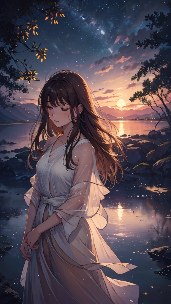 (best quality,4k,8k,highres,masterpiece:1.2),ultra-detailed,(realistic,photorealistic,photo-realistic:1.37),portrait,aquarelle painting,beautiful breathtaking girl,deep brown skin,long silky hair,flowing white silk dress,full body,nighttime landscape,luminous moonlight on her face,peaceful serene expression,beauty in simplicity,stunning atmosphere,soft dreamlike colors,subtle glowing lights,detailed foliage,calm and tranquil ambience
