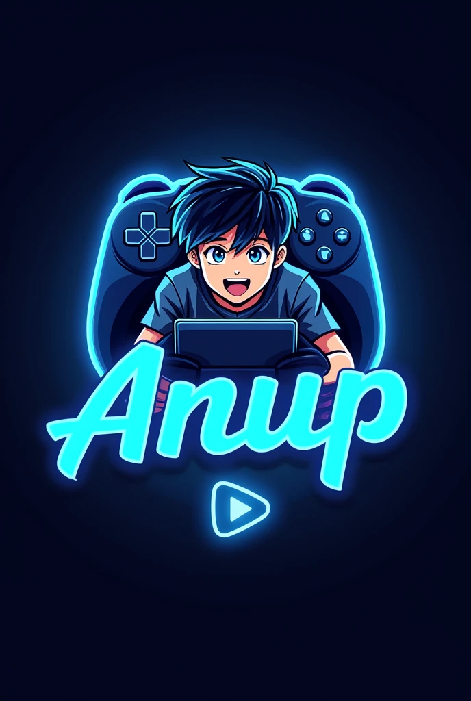 This is a gaming logo that features the name " ANUP " in a futuristic font and a neon BLUE color. and Boy Anime avtar, The logo also has a stylized controller icon and a YouTube play button in the background. The logo is designed to be attractive and eye-catching, and to appeal to gaming enthusiasts and YouTube viewers. I hope you like it.