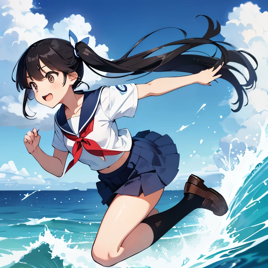 Anime Style,
1girl, running on ocean, very fast run, proud smile, leaning forward,
white sailor uniform, short sleeves, navy collar, with blue ribbon, navy blue skirt,
black high socks, loafers,
low twin tails, with red ribbons, very long length, black hair,
late teens, Small breasts, dark brown eyes,
ocean, horizontal line, wave splash, afterimage, unrealistic performance,
motion blur, speed Line, from side