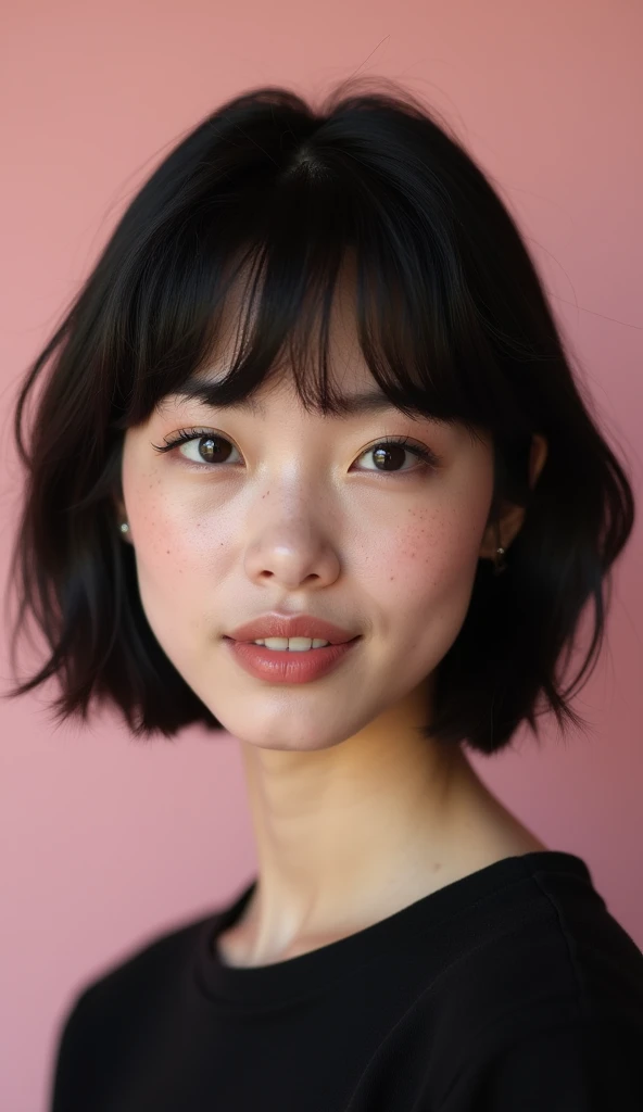 The following features can be seen in this image:.

 - Short bob style haircut with black hair
 - Her bangs are cut so that they fall over her eyes.
 - The eyes are naturally made up with long eyelashes.
 - She has small freckles on her face.
 - She has a kind expression and a soft pink background.
 - She is wearing a simple black top.

 Overall, this image is a picture of a woman of natural beauty.

