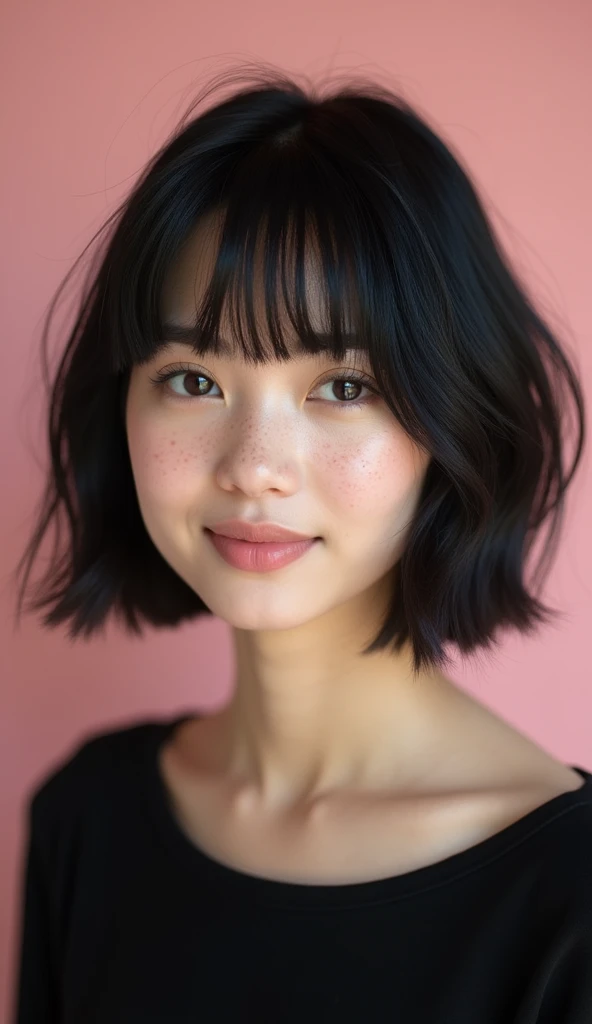 The following features can be seen in this image:.
- Short bob style haircut with black hair
- Her bangs are cut so that they fall over her eyes.
- The eyes are naturally made up with long eyelashes.
- She has small freckles on her face.
- She has a kind expression and a soft pink background.
- She is wearing a simple black top.
Overall, this image is a picture of a woman of natural beauty.