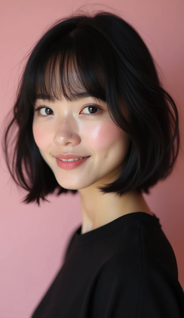 The following features can be seen in this image:.
- Short bob style haircut with black hair
- Her bangs are cut so that they fall over her eyes.
- The eyes are naturally made up with long eyelashes.
- She has small freckles on her face.
- She has a kind expression and a soft pink background.
- She is wearing a simple black top.
Overall, this image is a picture of a woman of natural beauty.