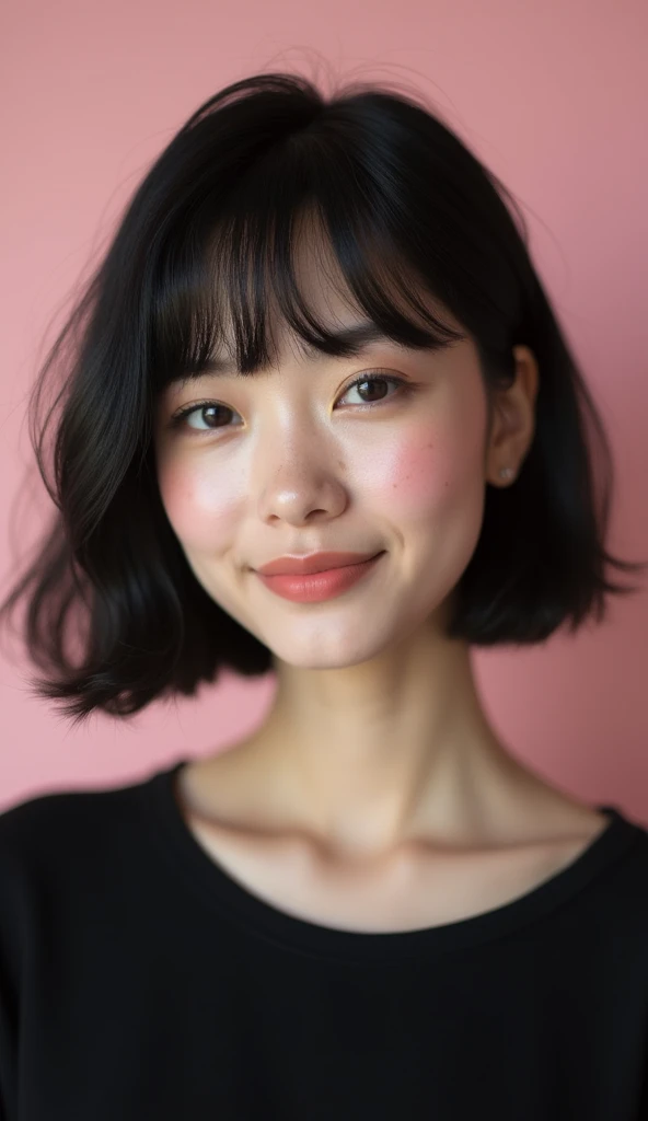 The following features can be seen in this image:.
- Short bob style haircut with black hair
- Her bangs are cut so that they fall over her eyes.
- The eyes are naturally made up with long eyelashes.
- She has small freckles on her face.
- She has a kind expression and a soft pink background.
- She is wearing a simple black top.
Overall, this image is a picture of a woman of natural beauty.