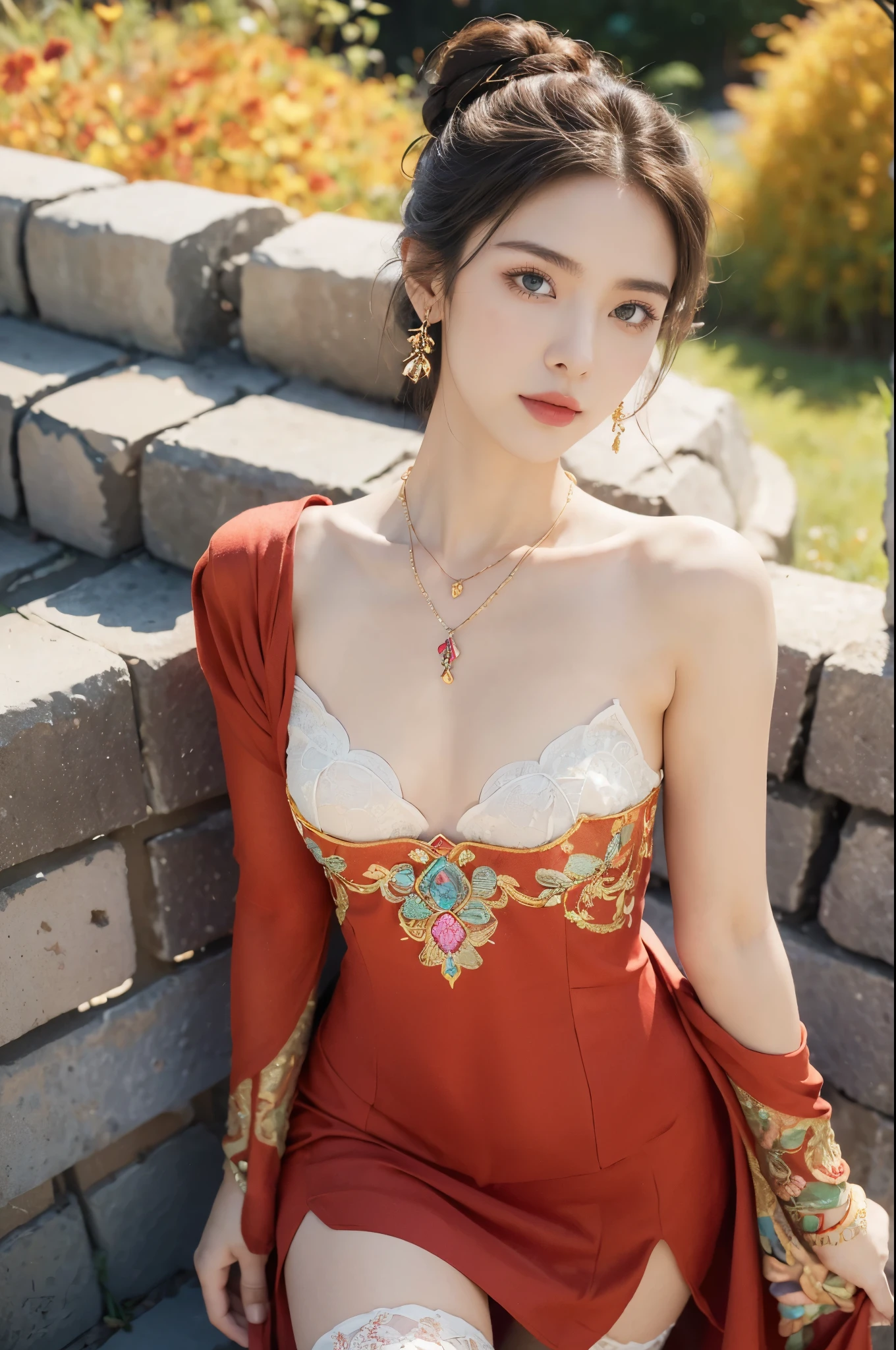 (((best quality))), (((ultra detailed))), (((masterpiece))), illustration,((1 beautiful girl,solo)),(on the Great Wall:1.3),(neat bun:1.2),((earrings,necklace)),((slim,thin)),((small breasts,flat chest)),((October, sunny, autumn,bright sunshine)), magnificent mountains,(maxi gorgeous Exquisite embroideried red dress:1.3),(stockings:1.3),(slender legs:1.2),(standing:1.3),gracefully,(detailed bright eyes:1.3),(fair skin:1.3), radiant,sparkling, vibrant colors,(colorful flowers:1.3), elegance, strength, perseverance, majestic, awe-inspiring, fluffy white clouds,((from front,upper body))