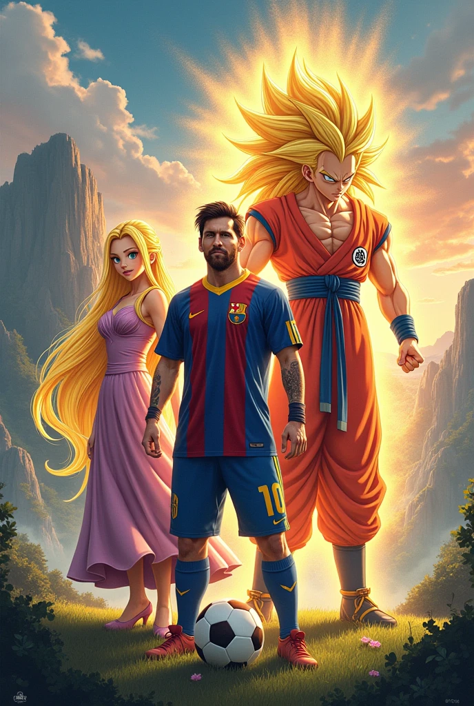 Create a wallpaper where Messi, Rapunzel, Roronoa Zoro from One Piece and Goku appear