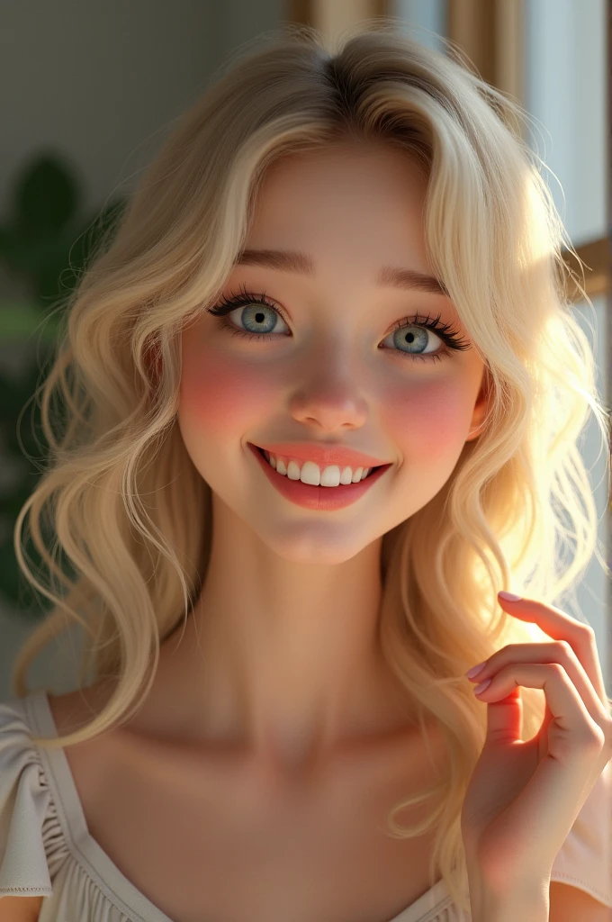 1 cute teenage girl, High resolution, blonde hair, Blue eyes, Selfie, jewellery, duck face, on couch, realistic, Bangs, Double braids,