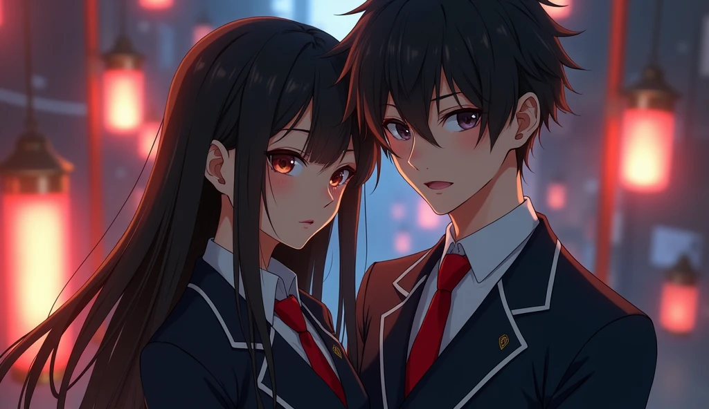 (32K:1.9, Realistic:1.9, Highest quality, masterpiece, Ultra-high resolution), Perfect dynamic composition, Highly detailed skin and facial textures:1.3, Detailed eyes, Detailed limbs, (Cute sexy slim Japanese schoolgirl, expensive、Slim Japanese high school boy), Fair skin, ((Clarity:1.1)), (Both boys and girls wear a blazer-style uniform with a red tie.), (A man is holding a woman:1.0), (smile:0.9, Totally captivates you:0.9), (beautiful Blue Eyes, beautiful, Clear Eyes:0.8), The woman has long black hair, Sexy Face:0.4, blush:1.1, (beautifulエロティシズムを醸し出す雰囲気:0.8), Professional random camera work, Cinematic Lighting Effects, ((Full Body Shot)), ((Too erotic:0.9)) , romantic, mysterious, Object of admiration, original, dramatic, artistic, Innovative, charm, Heartful, Fancy, Tilt, sense of loss, special, exciting, Extreme, sense of openness, joy, joyの表現, ((若さのcharm, 女性的なcharm))